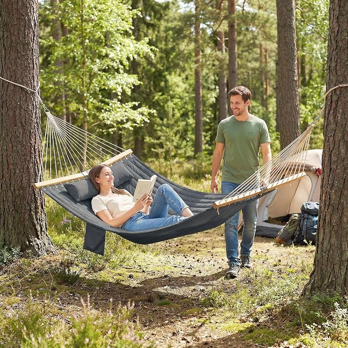 Outdoors 2-Person Hammock with Pillow & Pad, Gray, 128in x 55.1in, 440lb Capacity