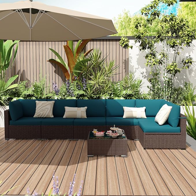 KIGOTY Patio Furniture Set,7 Pieces Modular Outdoor Sectional Sofa, PE Rattan Patio Conversation Set, All Weather Wicker Patio Furniture with Cushions and Coffee Table(Brown/Peacock Blue)