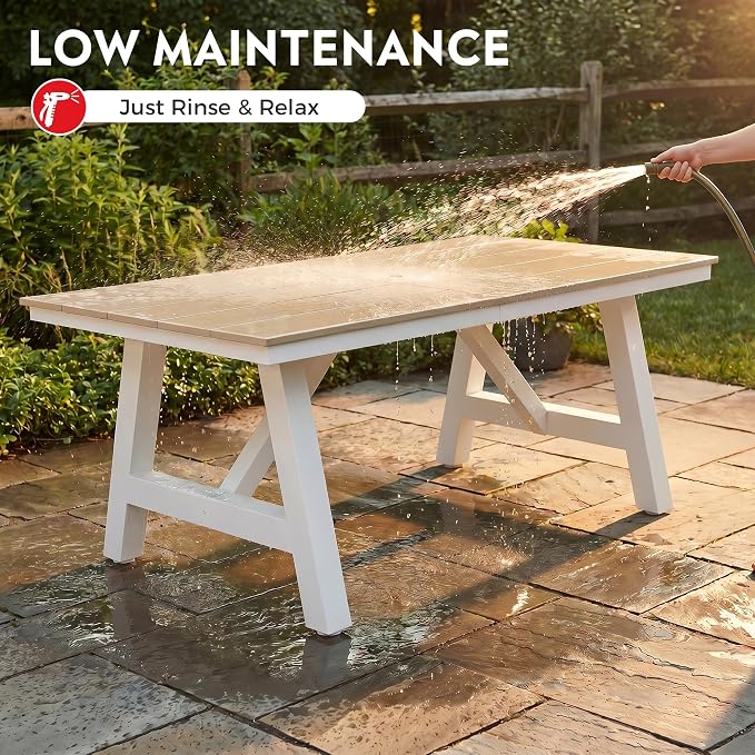 Costaelm Stinson 7-Piece Outdoor HDPE Patio Dining Table Set with Umbrella Hole & Dining Chairs for 6, Sand