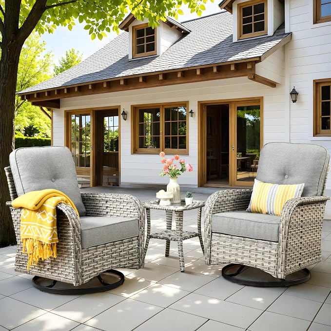 Outdoor Swivel Rocker Patio Chairs,Wicker Glider Swivel Rocking Chair Set of 2,Patio Rocking Swivel Chair Set with Rattan Side Table,Dark Gray