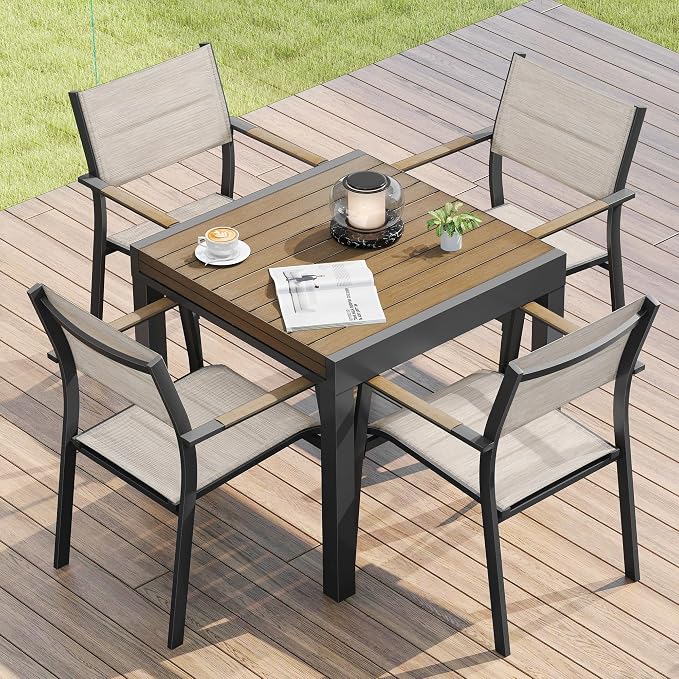 5 Piece Outdoor Dining Set, Expandable Outdoor Patio Dining Table Set for 4-6 Person, Aluminum Outdoor Table and 4 Chairs with Textilene Fabric & Armrest for Patio, Garden, Lawn, Deck(Brown)