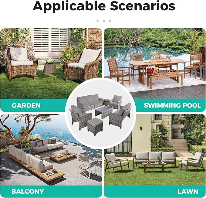 7 Pcs Patio Set, Outdoor Wicker Sofa/Ottomans & Table Gray/Gray | Weather Resistant PE rattan | All-Weather Durability | Removable Easy Clean | 350 lbs | Ideal for Backyard, Poolside, Balcony