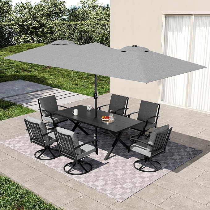 8 PCS Outdoor Patio Dining Set with 13.6ft Double-Sided Patio Umbrella,Patio Table and Chairs Metal Outdoor Patio Furniture Set,Dining Table Set with 6 Swivel Chairs,Grey