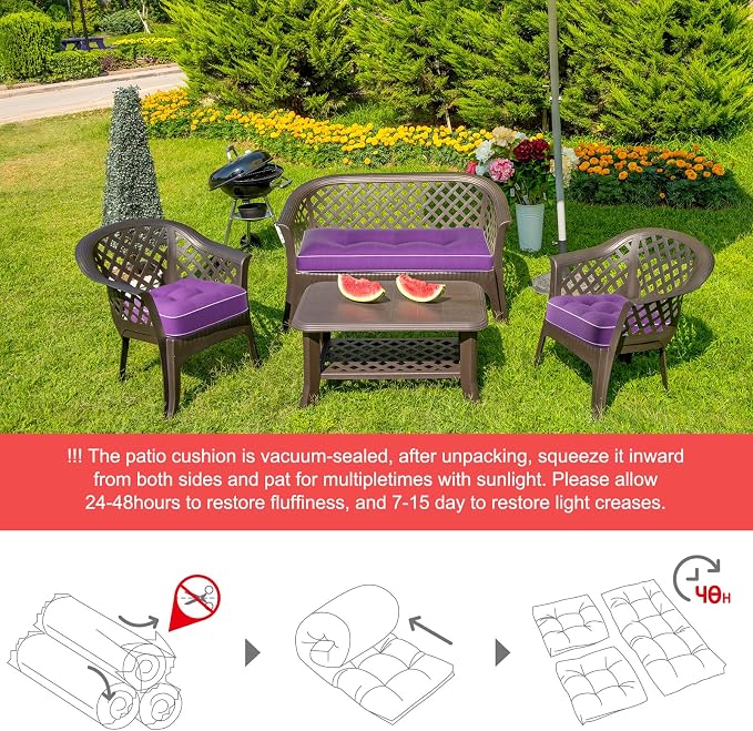 Wenqik 44 x 19 x 4 Inch Outdoor Bench Cushion Set of 3 Waterproof Tufted 1 Patio Loveseat Cushions and 2 Square Chair Seat Pad for Outdoor Furniture Couch Swing Sofa Wicker Settee(Purple)