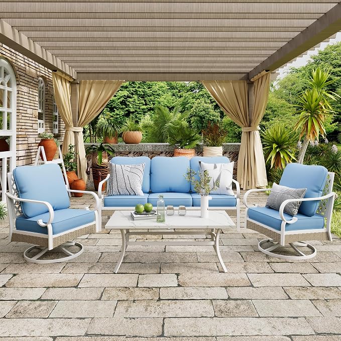 MIXPATIO 4 Piece Patio Furniture Set, 2 x Swivel Chair, 1 x 3-Seat Sofa with Marbling Coffee Table, All Cushioned 5 Seats Outdoor Conversation Set for Lawn Garden Backyard, Blue