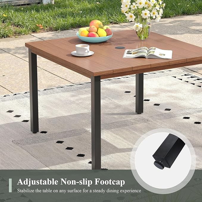 Patio Dining Set for 4, 40.2" Square Metal Table with Umbrella Hole and Stackable Wicker Patio Chairs, Outdoor Furniture Set for Deck Backyard Garden, Walnut Chairs, Walnut Table