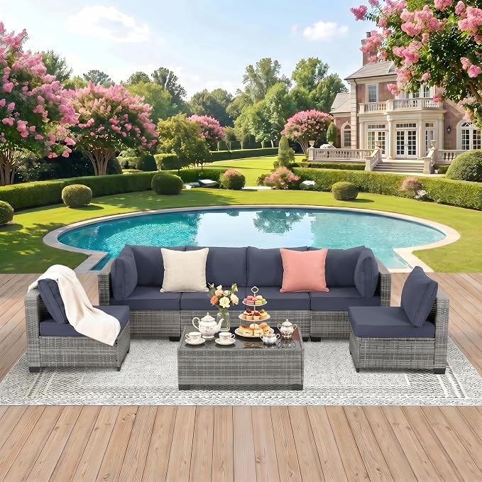 7 Pieces Outdoor Patio Furniture Set, All-Weather Sectional Sofa | Grey Wicker Conversation Set with Glass Table and Blue Cushions | PE Rattan Weaving | Ideal for Patio, Pool, Balcony