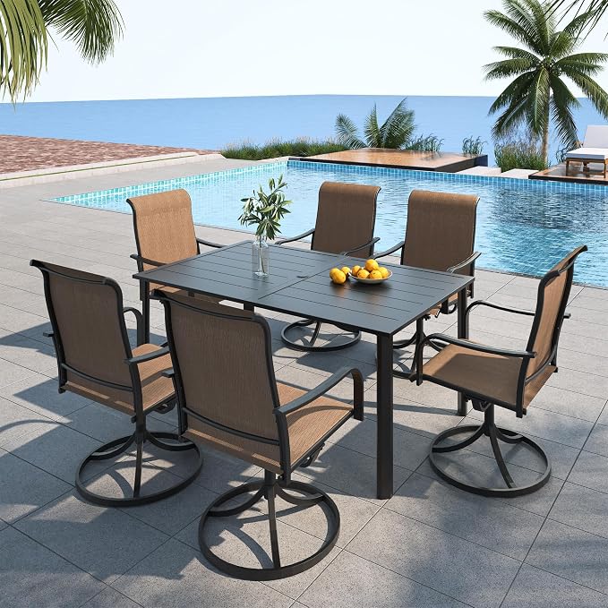 Patio 29" Heigh Rectangle Table Brown Swivel Chair Outdoor Dining Set Sty2 | 63"x38" Metal Table, 29" Heigh Table Top,All Weather; 6 Piece Swivel Chairs: High Back,Retro Armrest,Textilene Fabric,Rocking