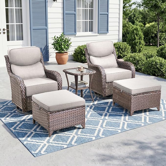 Luxury High Back Outdoor Swivel Rocker Patio Chairs with Side Table & 6-Inch Thick Cushions, 2 Pieces Patio Furniture Set for Porch, Balcony, Deck and Yard