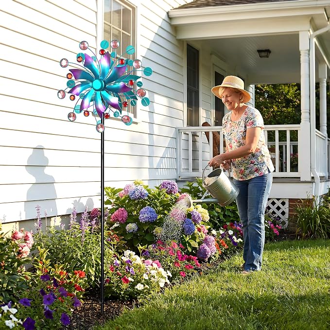 Solar Wind Spinner for Yard and Garden – 61 Inch Outdoor Metal Kinetic Sculpture with Multi-Color LED Glass Ball Light – Waterproof Windmill Stake for Patio, Lawn, and Pathway Decoration (Blue)