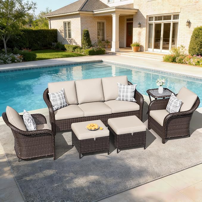 6 PCS Outdoor Conversation Set | 78" Couch, 2 Chairs, 1 Side Table, 2 Ottomans, Patio Wicker Conversation Furniture with Removable Cushions for Bistro, Deck, Sunroom (Beige)