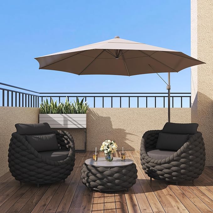 TWT Aluminum Patio Furniture Set Three Seater Sofa Outdoor Furniture Set w/Coffee Table,Patio Conversation Set with Hand Woven Polyester Rope for Bedroom Backyard Poolside, Dark Grey