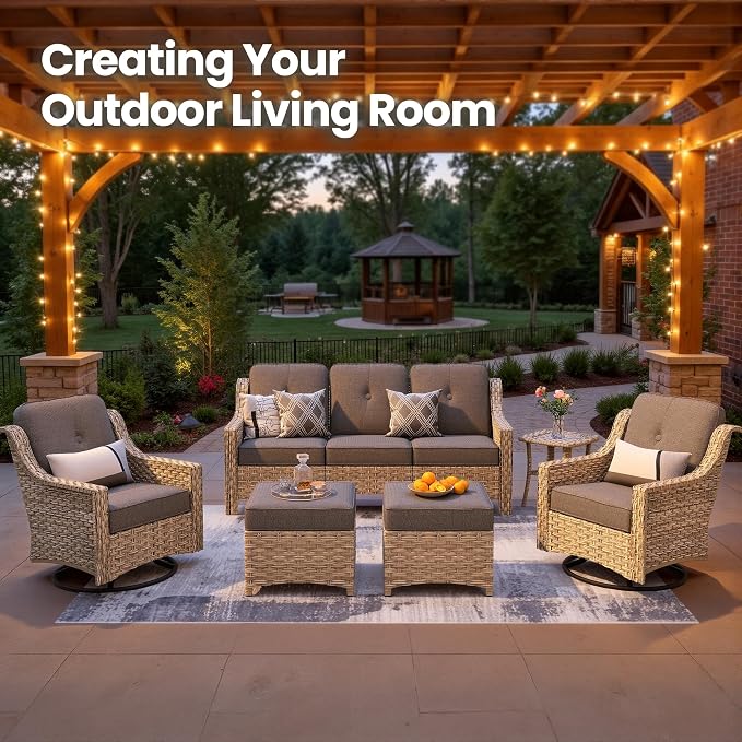 6 Piece Patio Furniture Set with Swivel Rocker Chairs, Outdoor Wicker High Back Sofa Glider Chair Ottoman with Cushion, All Weather Conversation Sets for Backyard Poolside Deck Dark Gray