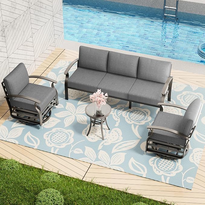 Patio Furniture Set 3-Piece Aluminum Armrest Sofa, All-Weather Patio Conversation Set with Tempered Glass Top Table & Removable Sponge Cushions for Backyard Poolside - Grey