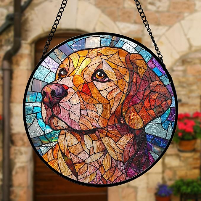 DASTOLL Stained Glass Window Hanging, Cute Dog Abstract Sun Catchers Colorful Glass Panel Texture Suncatcher Decor for Birthday for Women, Men, Wife, Aunt, and Mom 9.8 in