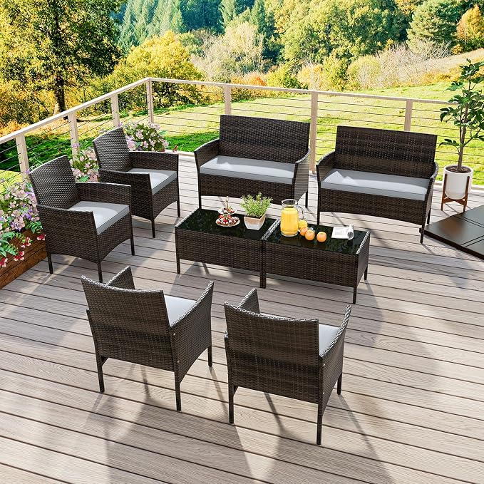4 Piece Patio Furniture Set, Sectional Conversation Sofa Set with Glass Coffee Table, Cushions & Loveseat, Wicker Outdoor Table and Chairs for Pool, Garden, Deck, Backyard (2, Grey)