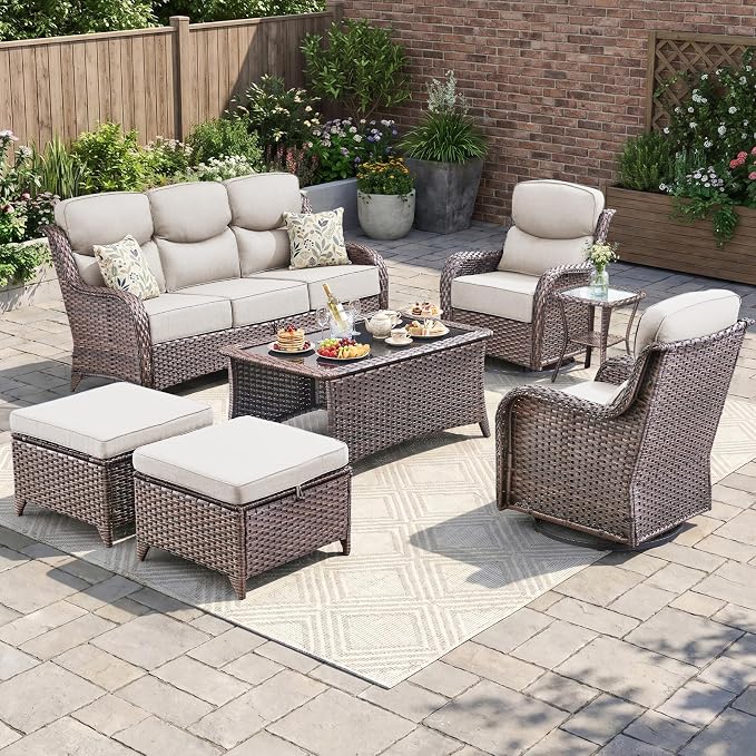 Luxury Patio Furniture Set 7pcs with 6-inch Cushion, Outdoor Furniture with Coffee Table, Swivel Chairs, Sofa, Side Table, Ottomans, Patio Set for Deck Yard and Poolside Brown Wicker | Beige Cushions