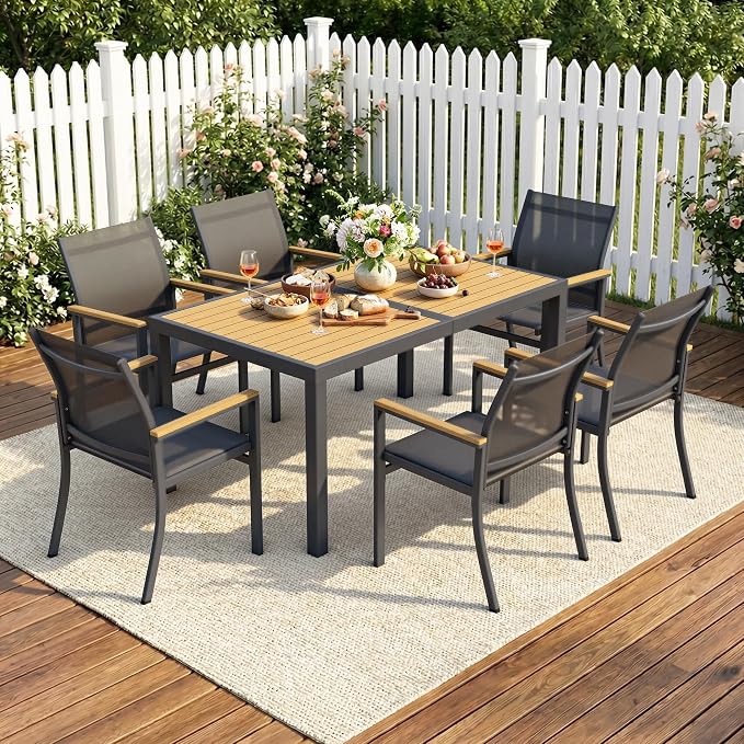 7-Pieces Aluminum Patio Table and Chairs Set, Outdoor Patio Furniture Set with Heavy Duty HDPS Rectangular Table, All-Weather Outdoor Dining Set with Quick-Drying Breathable Textilene Chairs for Porch