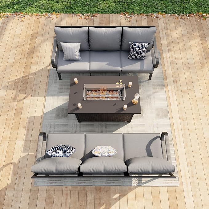 3 Pieces Patio Furniture Set, Metal Outdoor Conversation Sets with Fire Pit Table for Backyard Garden Deck Porch Poolside (Thick Gray Cushions)