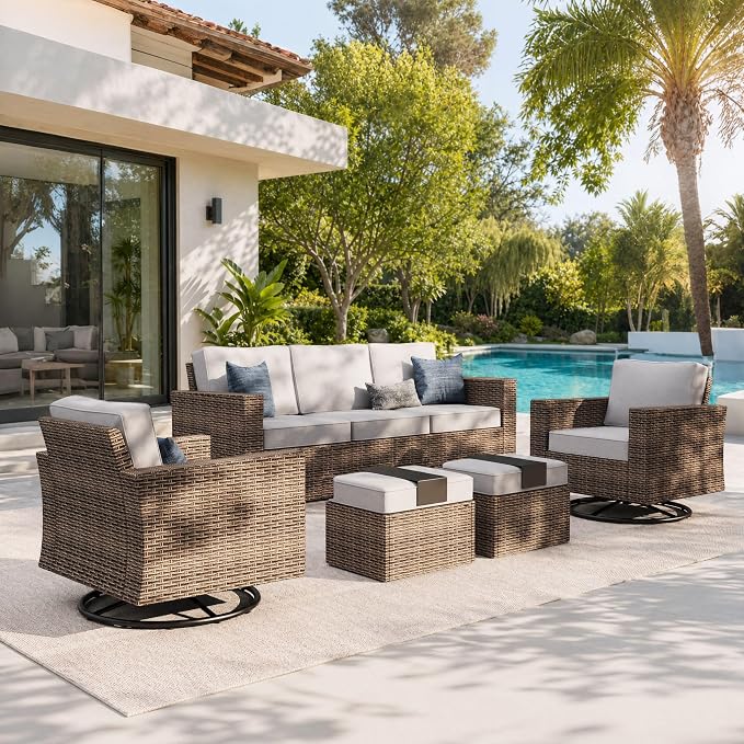 HERA'S HOUSE Swivel Glide Patio Furniture Set with 4.92" Widened Armrest Chairs, Outdoor Conversation Set, 5 Pieces Deep Seating Yellow Rattan Sofa with 5.5" Gray Cushions for Deck Garden Yard
