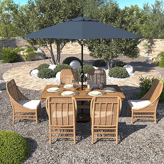 California Umbrella 9' Round Aluminum Patio Umbrella, Crank Lift, Push Button Tilt, Bronze Pole, Outdoor Rated Acrylic fabric, Sapphire