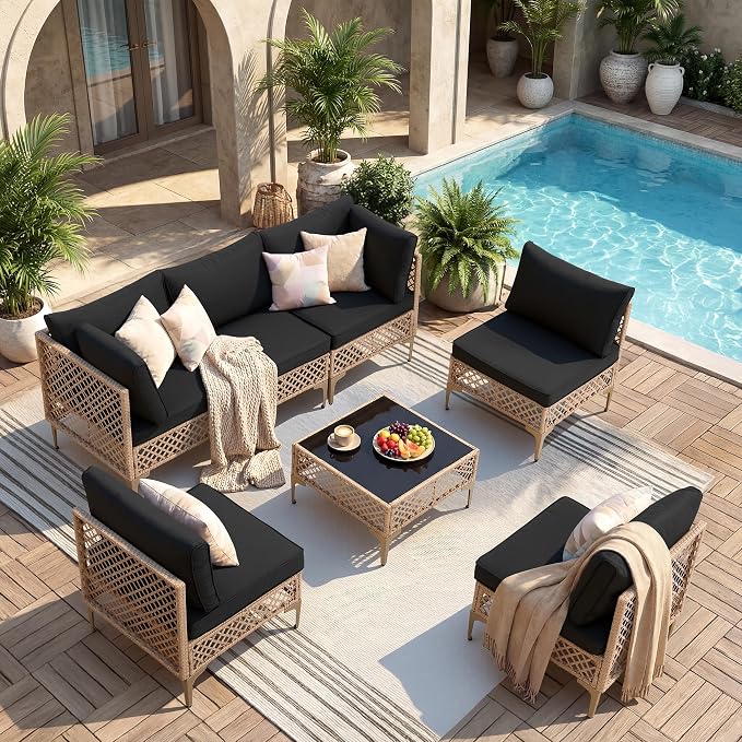 FHFO 7 Piece Outdoor Wicker Patio Furniture Set, Yellow/Black | Sectional Sofa | All-Weather Hand-Woven Rattan | Tempered Glass Coffee Table | Free Combination | Indoor & Outdoor Use