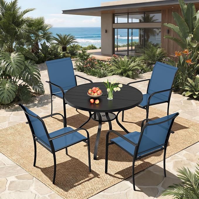 5-Piece Patio Dining Set,4 Person Outdoor Table and Chairs Set, 4 Metal Dining Chairs and Round Outdoor Table with 1.57" Umbrella Hole,Blue