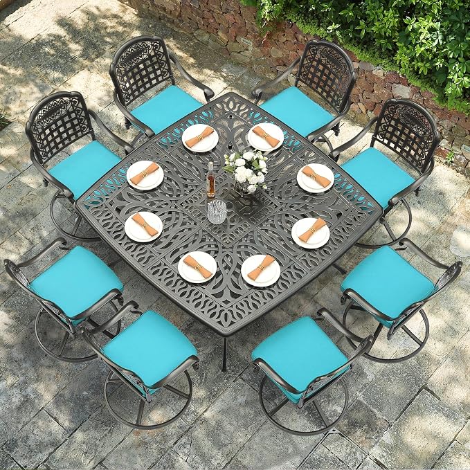 VIVIJASON 9-Piece Outdoor Dining Furniture Set, Cast Aluminum Patio Table & Chairs Set for 8, Include Large 64" Square Dining Table and 8 Swivel Rocker Chairs with Umbrella Hole, Ocean Blue