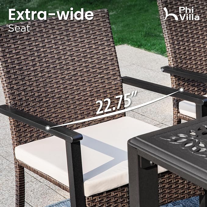 PHI VILLA 7 Pieces Expandable Cast Aluminum Outdoor Dining Set for 6, Extendable Metal Table with Umbrella Hole & Cushioned Wicker Chairs, Dining Furniture Set for Patio, Deck, Yard and Porch