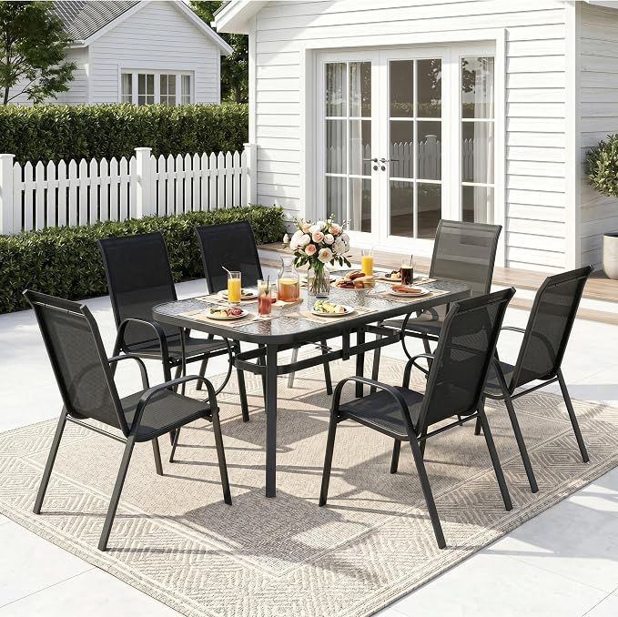 MAMIZO 7 Pieces Patio Dining Set for 6, Outdoor Table and Chairs w/Rectangle Glass Table and 6 Textilene Stackable Chairs, Patio Furniture Set w/1.69" Umbrella Hole (Black Table & Black Chair)