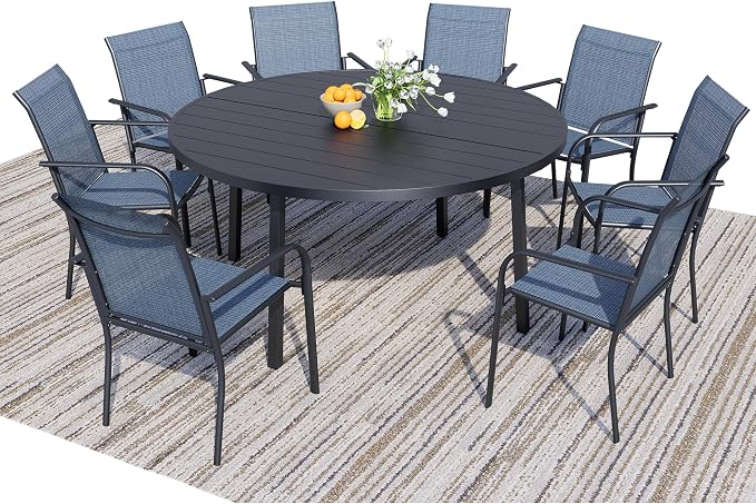 9-Piece Patio Furniture Set, Black Round Patio Table and Light Blue Chairs Set of 8, Outdoor Dining Set with Umbrella Hole for Garden, Yard, Patio