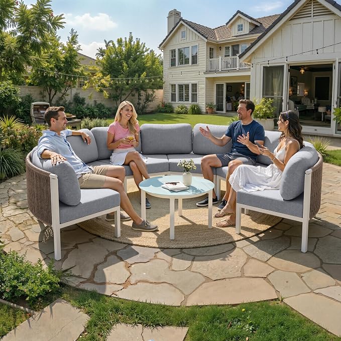 Crestlive Products Curved Patio Furniture Set, Modular Half Moon 4-Seater Sofa, Aluminum Outdoor Sectional with 5-Inch Water-Resistant Cushions, All Weather Couch for Backyard, Porch, Light Grey