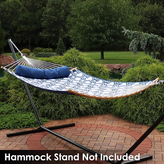 Sunnydaze Outdoor Hammock with Spreader Bar - 450-Pound Capacity Curved Spreader Bar Hammock - Navy and Gray Octagon