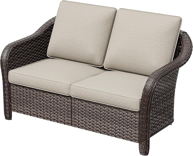 55" Outdoor Loveseat Wicker 2-seat Sofa with Removable Cushions, Conversation Patio Furniture, PE Rattan Couch, Steel Frame Couch with Cushions for Backyard, Deck (Beige)