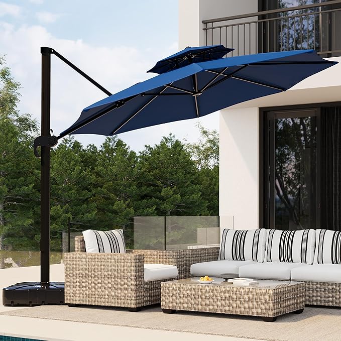 10x10 FT Round Outdoor Umbrella with Base, Cantilever Patio Umbrella with 360° Rotation & Adjustable Height, Heavy Duty Aluminum Umbrella Outdoor Patio for Garden Poolside,Navy Blue