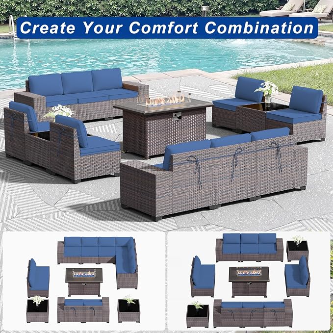 Outdoor Patio Furniture Set with Gas Fire Pit Table, 13 Pieces Patio Sectional Sofa w/43in Propane Fire Pit, PE Wicker Rattan Patio Conversation Set - Blue.