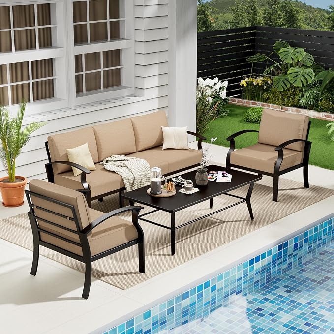 Aluminum Outdoor Patio Conversation Furniture Set,5 Seats Metal Modern Outdoor Furniture with Coffee Table & Washable 5.1" Thick Cushions,Patio Sectional for Backyard,Patio,Sand
