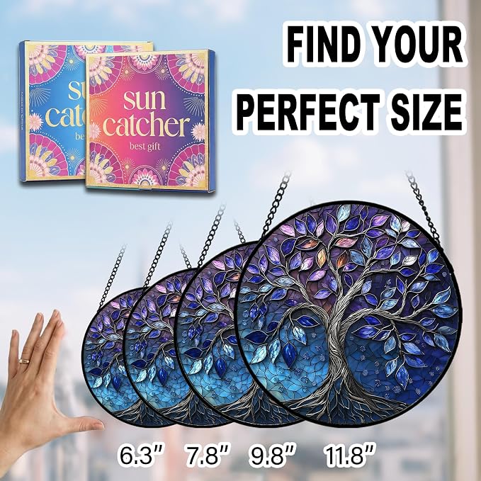 Birthday Gifts for Women - Blue Tree of Life Faux Stained Glass Window Hanging Sun Catcher for Door Garden Acrylic Decor Mother's Day Christmas for Mom Nana Grandma Sisters Wife 9.8"