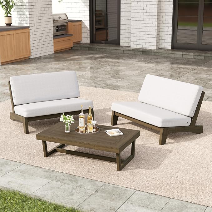 3 Pieces Patio Furniture Sets, All-Weather Outdoor Wood Bistro Set Patio Conversation Coffee Table Chiars and Patio Loveseat for Balcony, Backyard
