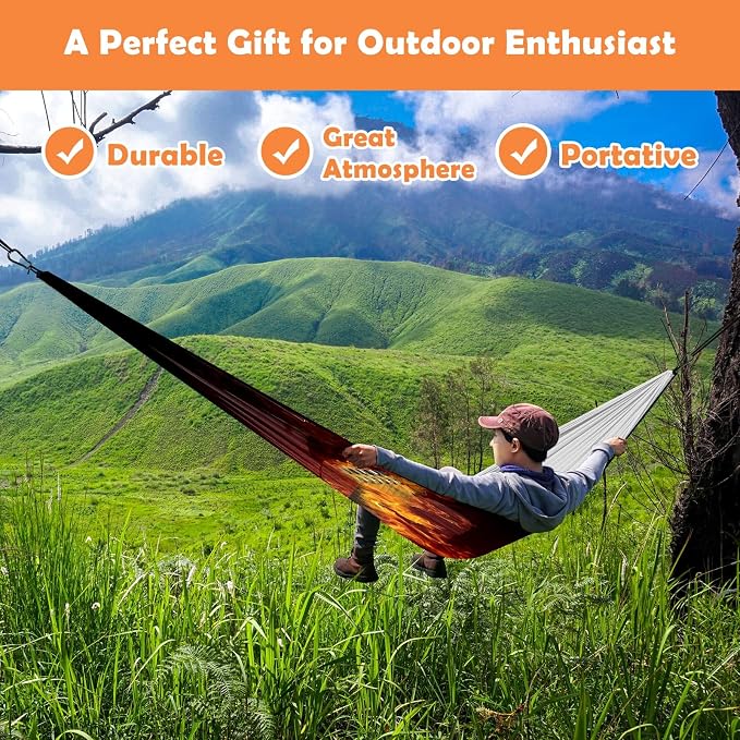 Outdoor Camping Hammock Electric Guitar in Flames Burning Fire Double & Single Hammocks with 2 Tree Straps Portable Heavy Duty Nylon Hammocks for Backpacking, Travel, Beach, Backyard, Patio, Hiking