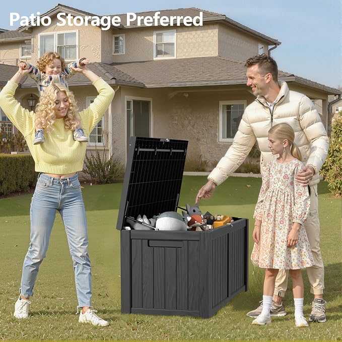 120 Gallon Outdoor Storage Box - Waterproof Resin Deck Box with Stainless Steel Rods - Lockable & Fade Resistant Storage Bin for Patio Cushions & Garden Tools, Black