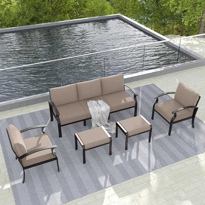 Gotland Aluminum Patio Furniture Set, Metal Outdoor Furniture with 2 Ottomans 5.1’’ High-Resilience Seat Cushions, 5 Piece Patio Set, Oversized Outdoor Sectional Patio Conversation Sets, Khaki