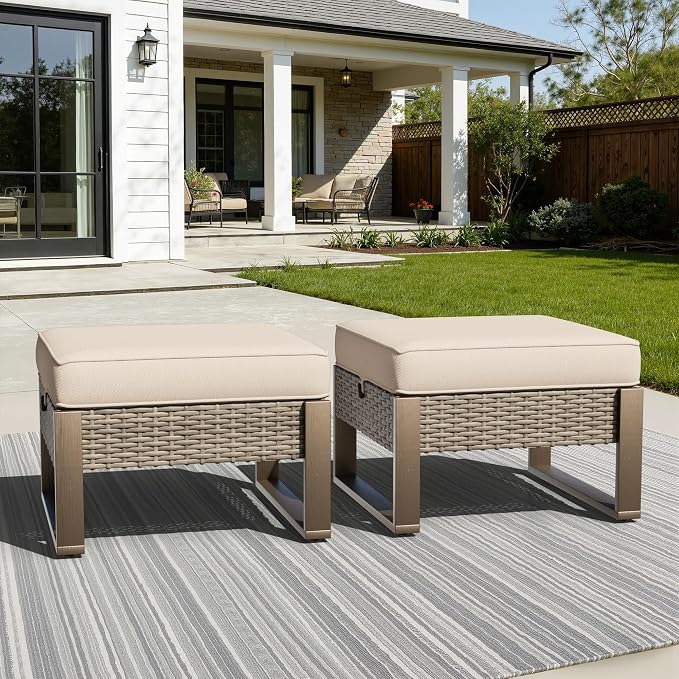Patio Metal Wicker Ottoman Set of 2, Outdoor PE Rattan Footstools with Removable Cushions & Wood Looking Metal Steel Framed Legs for Garden Backyard Porch Deck, Beige