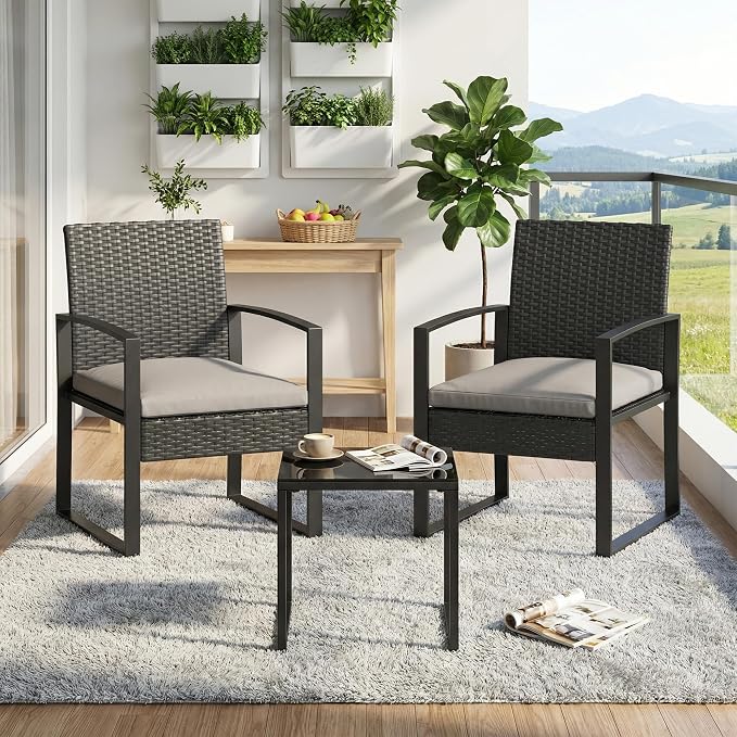 IDEALHOUSE 3 Piece Outside Patio Furniture Set, Outdoor Wicker Chair Conversation Set with Glass Coffee Table, PE Rattan Patio Furniture for Backyard, Porch, Patio, Poolside (No Rocking)