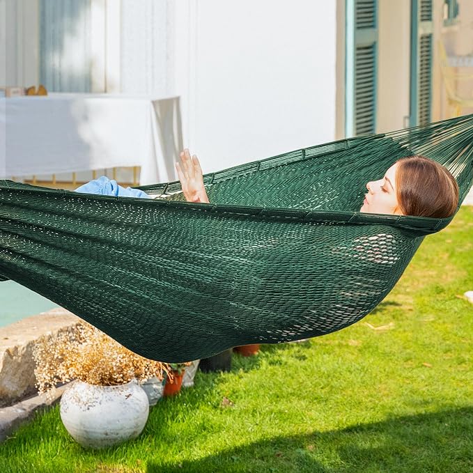 PNAEUT Handwoven Mayan Hammock, Thick Soft Rope Double Hammock for Outdoor Outside & Indoor, 600 lbs Capacity Heavy-Duty, Includes Tree Straps, Carabiners & Carrying Bag (Forest Green, X-Large)