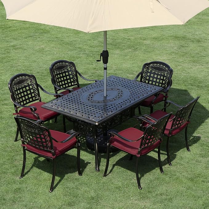 VIVIJASON 7-Piece Patio Furniture Dining Set, All-Weather Cast Aluminum Outdoor Conversation Set, Include 6 Cushioned Chairs and a Rectangle Table with Umbrella Hole for Balcony Backyard, Red Cushion