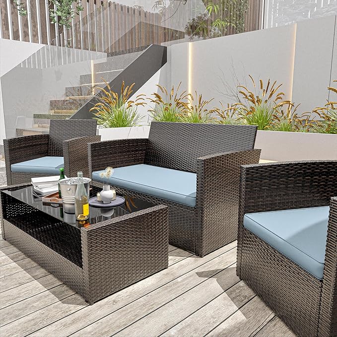 3 Pack Outdoor Patio Seat Cushions Replacement Covers Fit for 4 Pieces 4-Seater Wicker Rattan Patio Conversation Set Loveseat Chair Couch Furniture,36x18x2,18x18x2,Sky Blue-Cover Only
