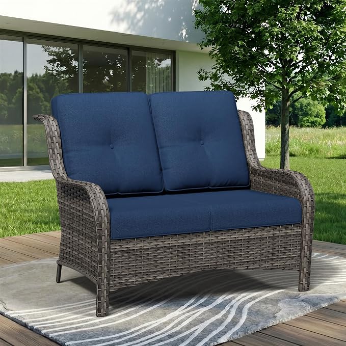 Wicker Patio Loveseat, 2 Seat Outdoor Couch with Thickened Olefin Cushions, High Back and Deep Seating, Hand-Woven PE Rattan for Porch, Deck, Balcony