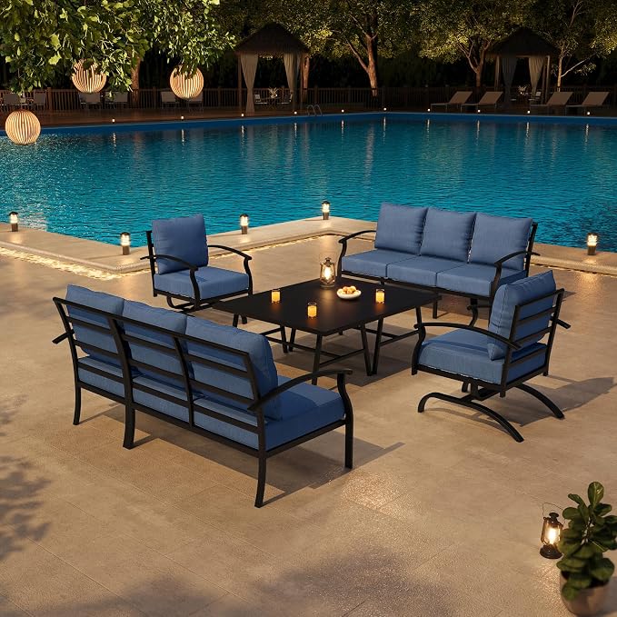 Metal Patio Furniture Set,6 Pieces 8 Seats Patio Sectional Outdoor Furniture Set with 2 Rectangular Coffee Tables,Patio Conversation Sets with 5.1" Thickened Cushions,Navy Blue