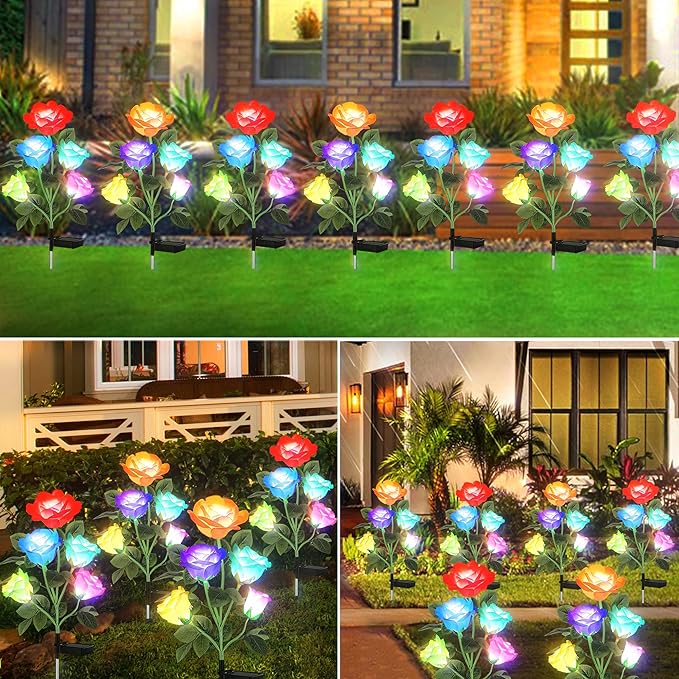 10 LED 7-Color Changing Solar Rose Flower Lights Garden Decorations Outdoor Waterproof Decorative Stake Lights for Patio Pathway Yard Lawn Cemetery Decor(2 PCS White)